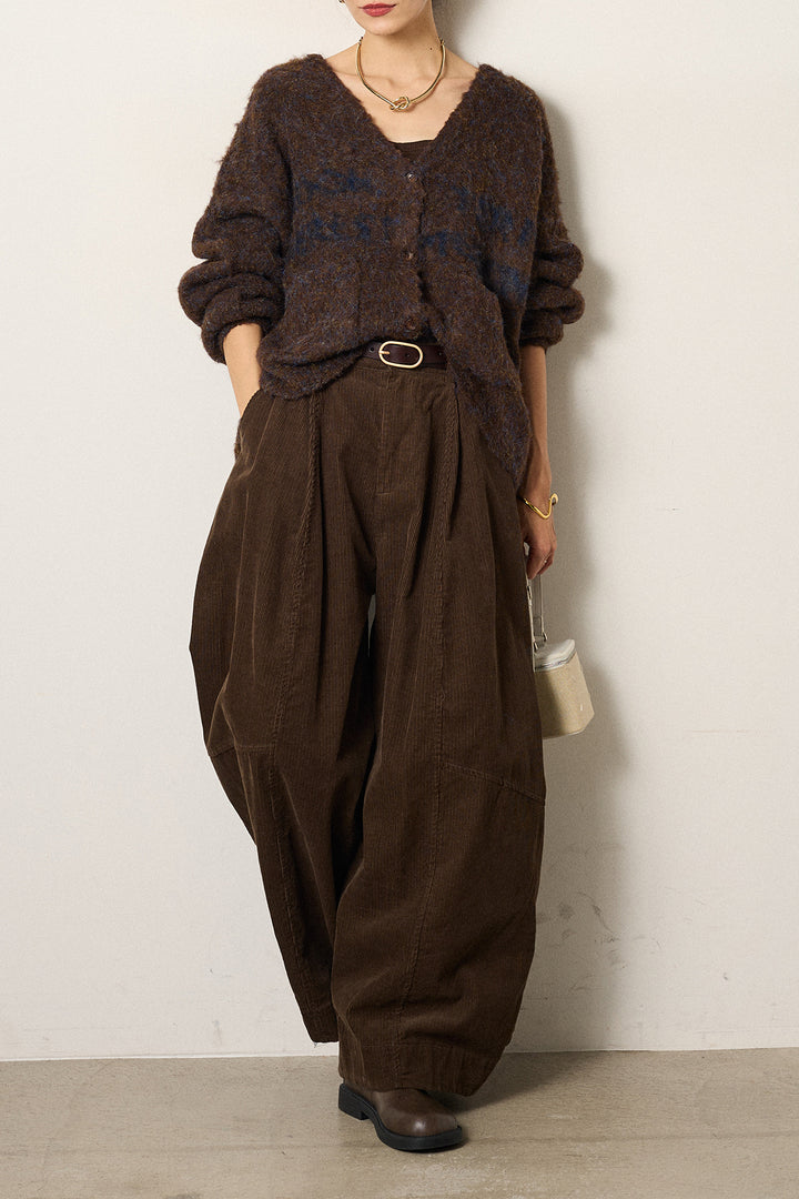 [SET]ウール混透かしロゴニットカーディガン+タック入りコーデュロイワイドパンツ(2set)