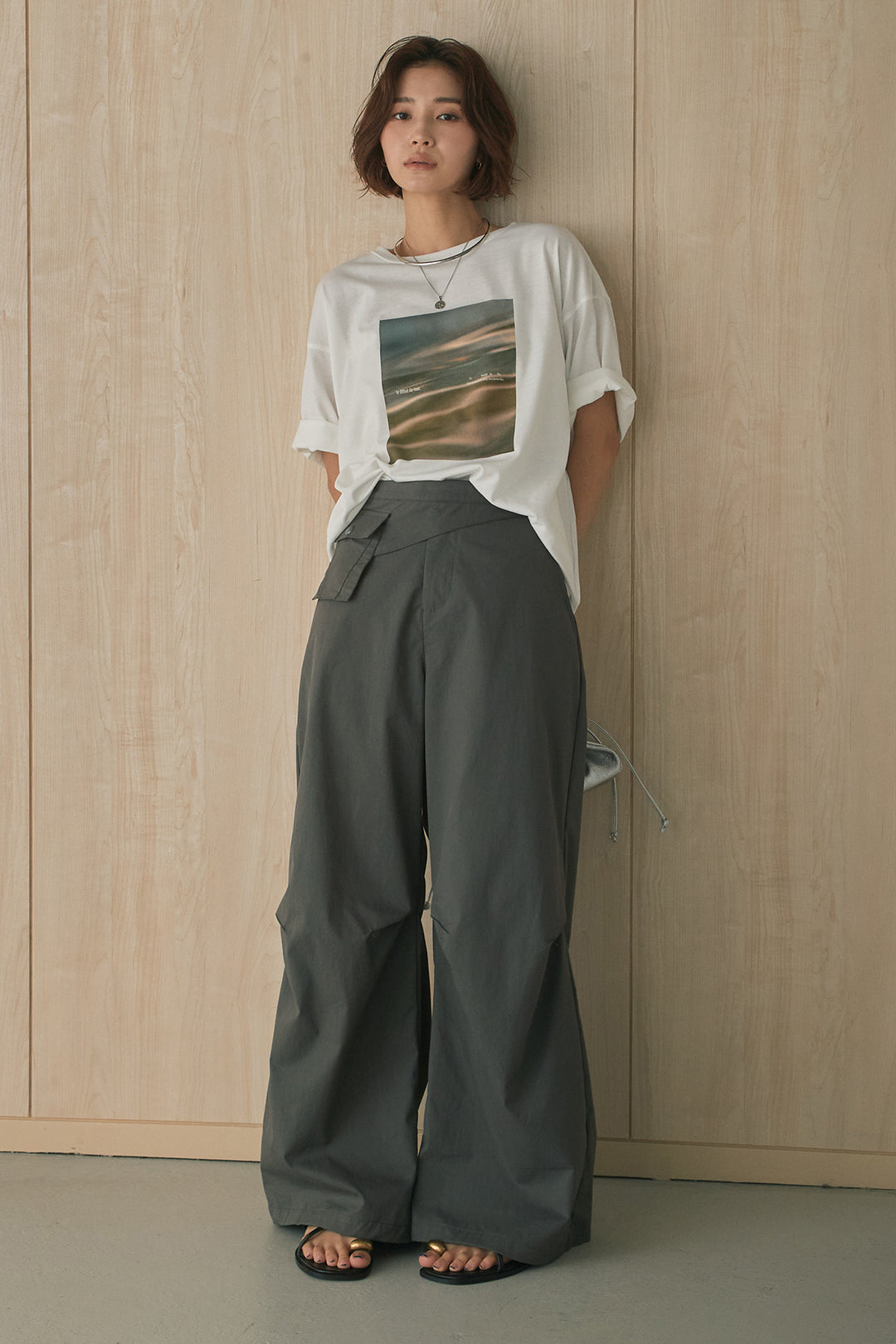 [SET]MarbleプリントTシャツ+ポケットベルト付きニーサイドタックパンツ(2set)
