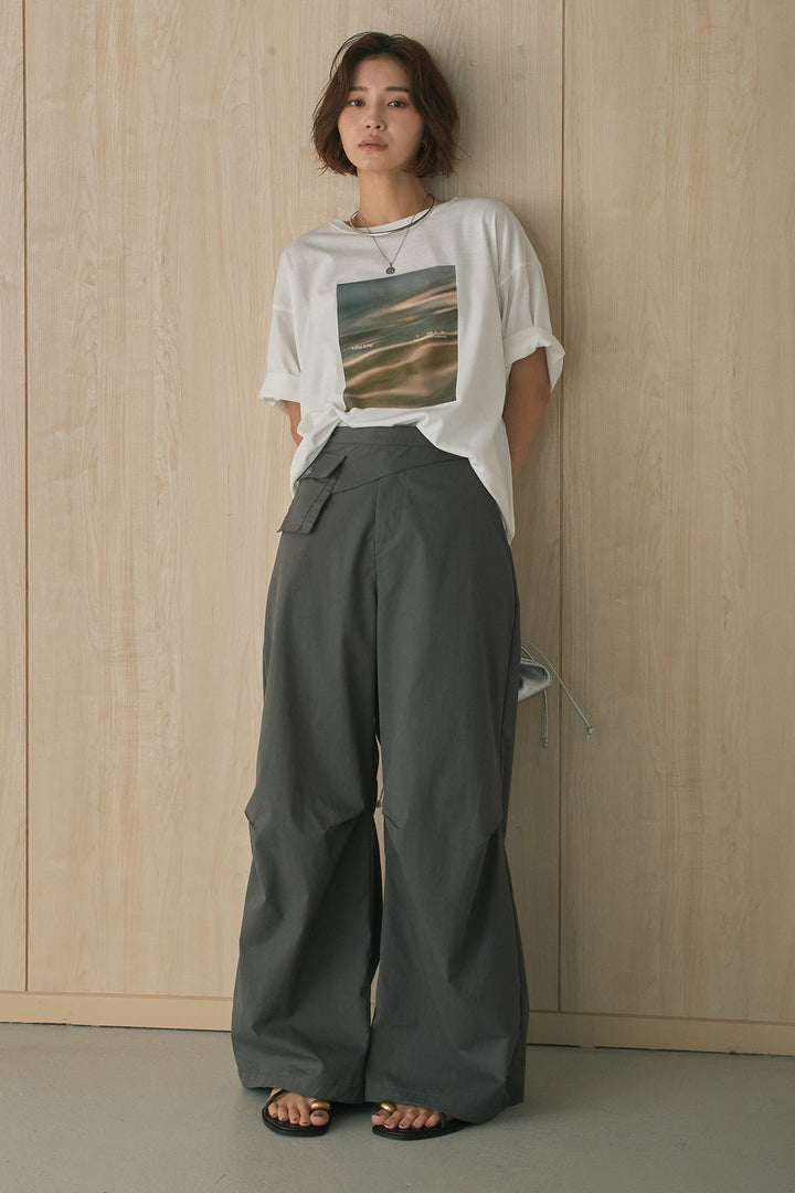 [SET]MarbleプリントTシャツ+ポケットベルト付きニーサイドタックパンツ(2set)