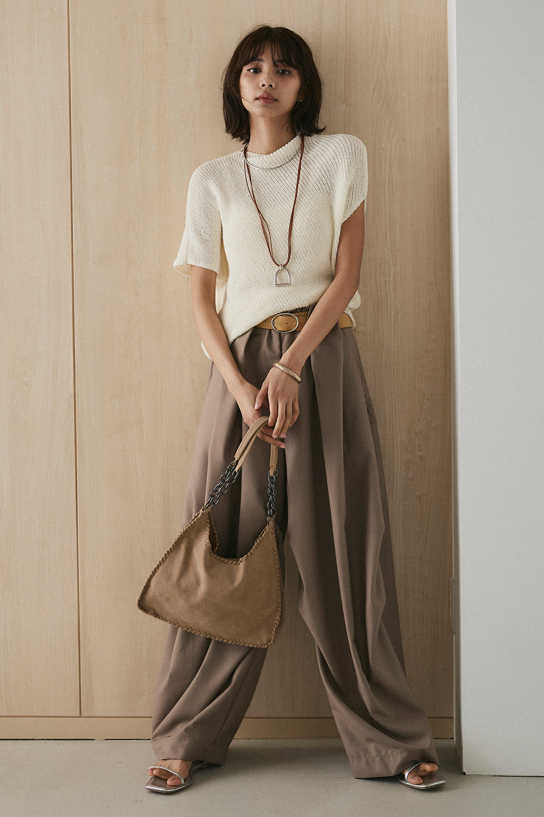 [SET]フレンチリブニットプルオーバー+ベルトループワイドパンツ(2set)