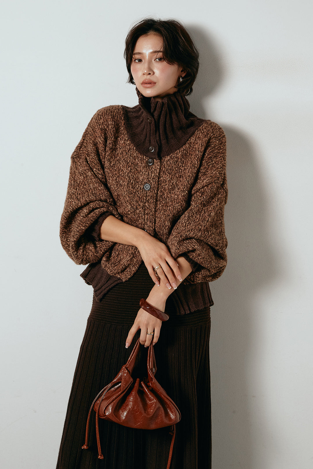 [SET]ハイネックミックスニットカーディガン+編み地切り替えフレアニットスカート(2set)