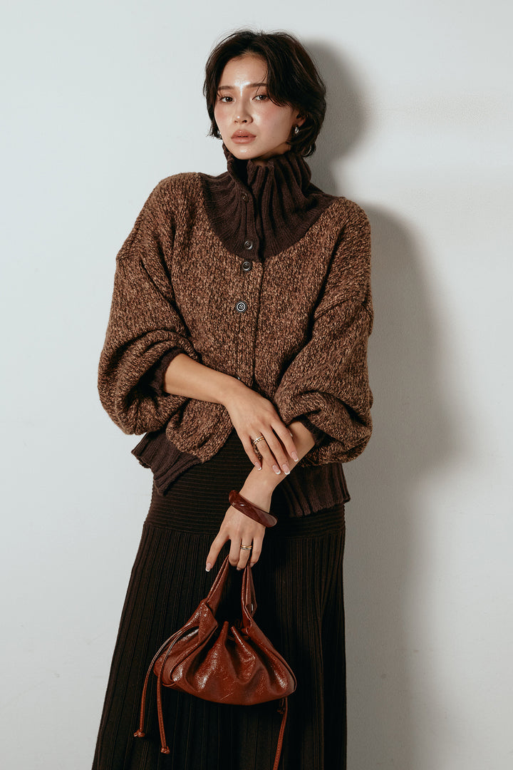 [SET]ハイネックミックスニットカーディガン+編み地切り替えフレアニットスカート(2set)