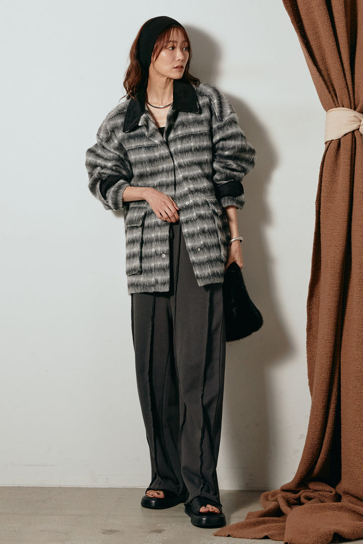 [SET]チェックシャギーミドルカバーオール+フロントラインデザインワイドスウェットパンツ(2set)