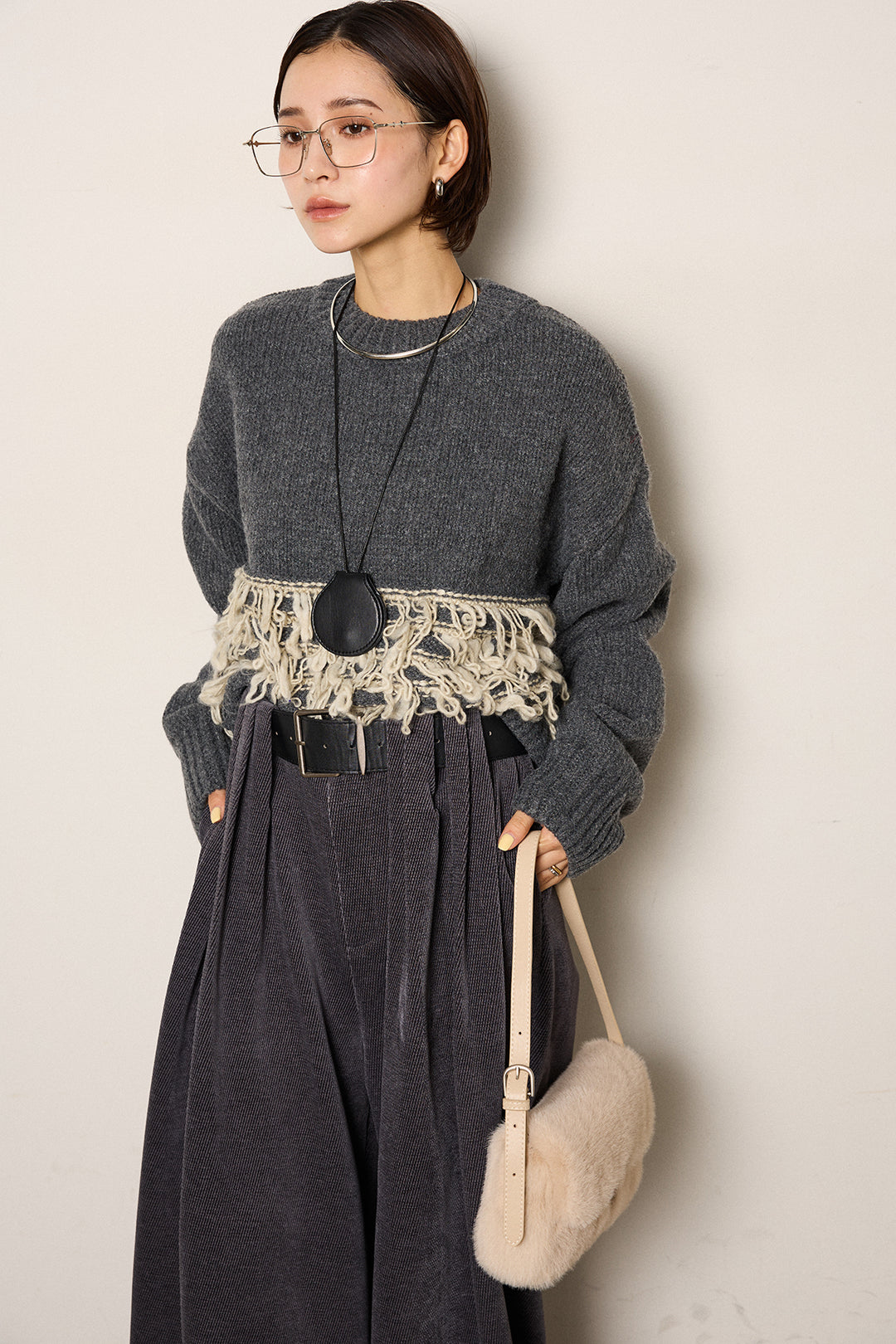 [SET]ループ編み切り替えニットプルオーバー+ベルトループコーデュロイワイドパンツ(2set)