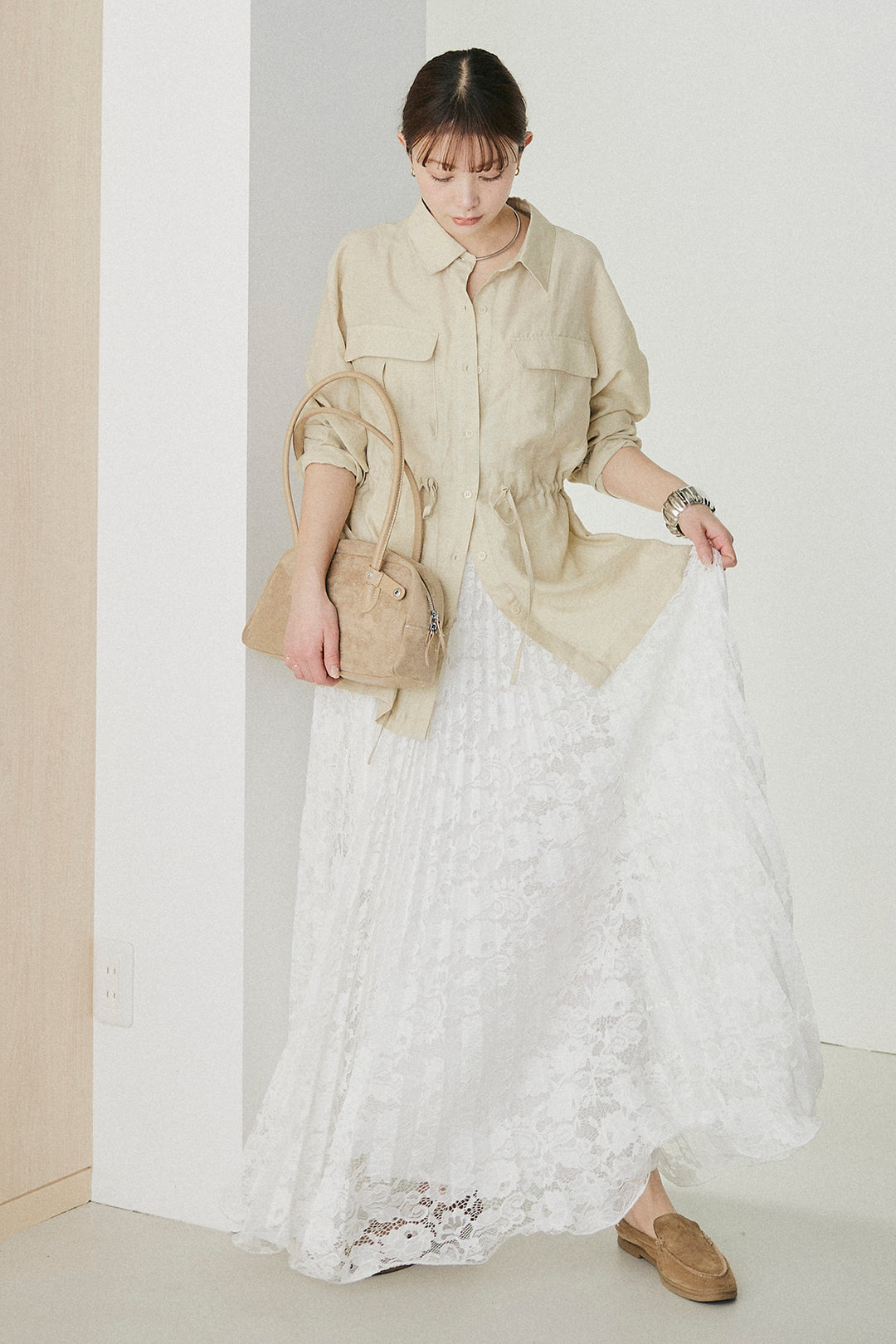 [SET]リネンブレンドシアーサファリシャツ+リラックスプリーツスカート(2set)