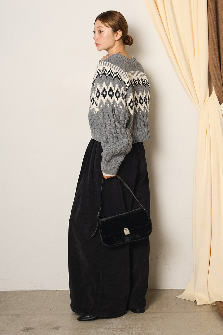 [SET]2WAY求心柄ジャガードショートカーディガン+ベルトループコーデュロイワイドパンツ(2set)