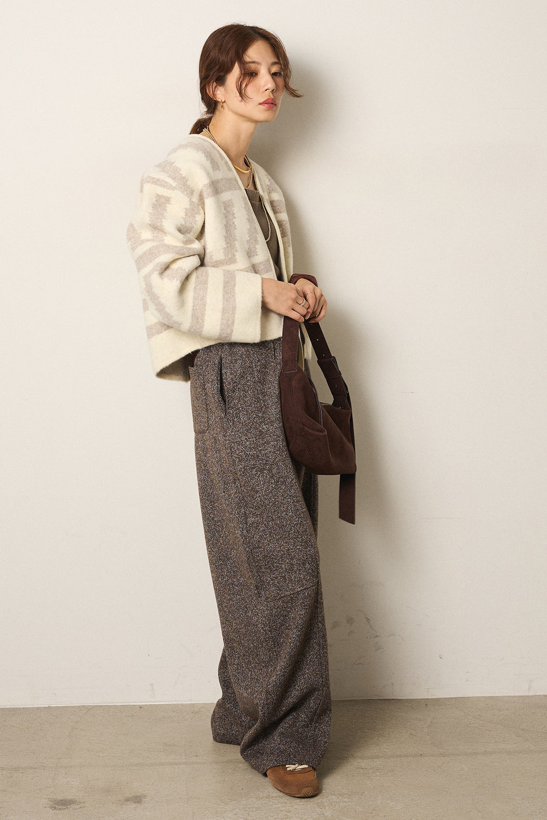 [SET]幾何学柄ノーカラーカーディガン+杢ニットフレアパンツ(2set)