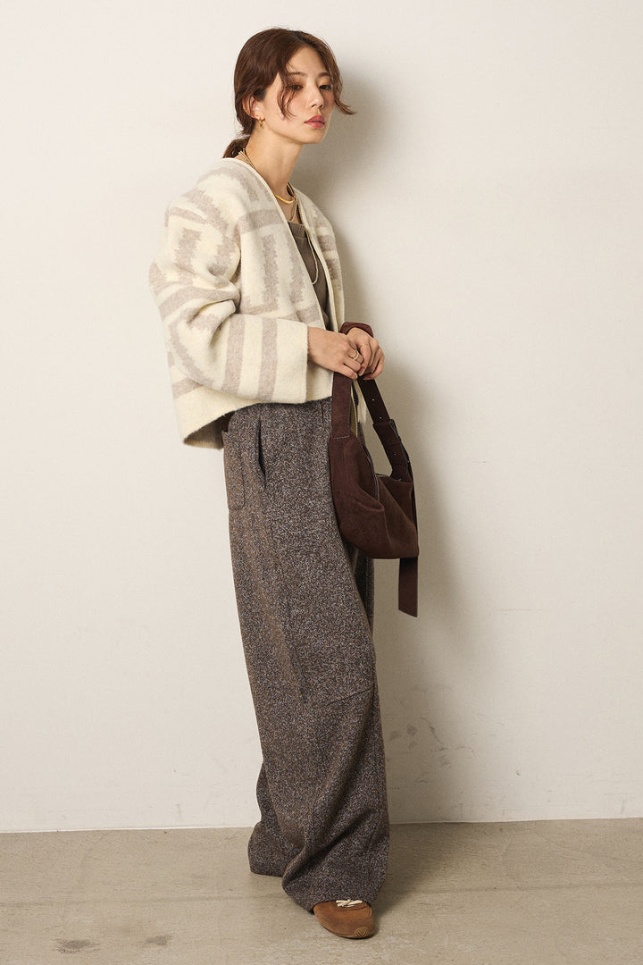 [SET]幾何学柄ノーカラーカーディガン+杢ニットフレアパンツ(2set)