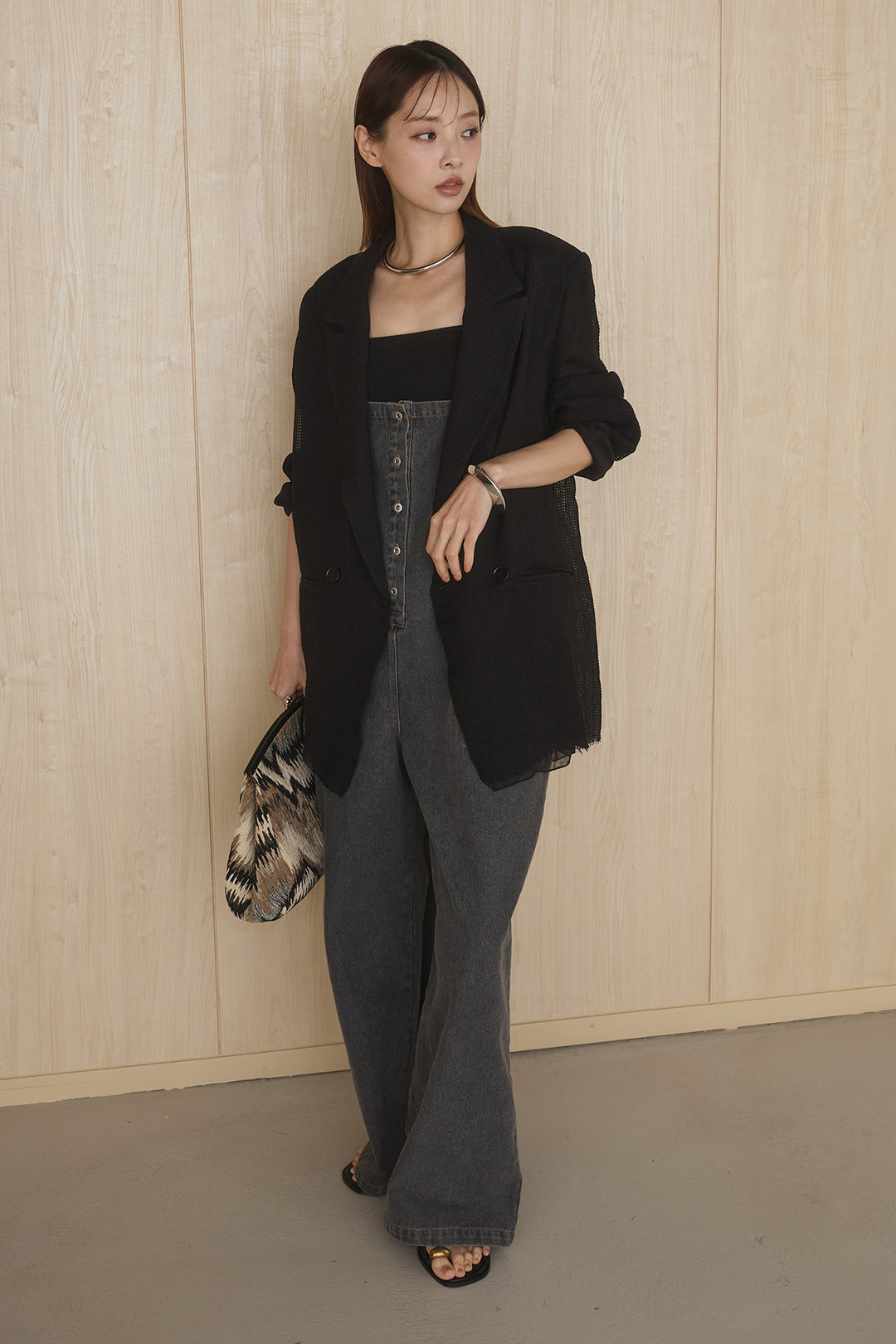 [SET]メッシュテーラードワイドジャケット+フロントボタンデニムサロペット(2set)