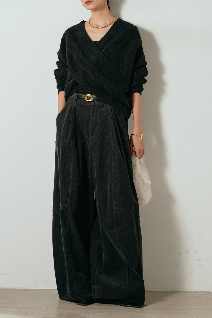 [SET]ケーブルカシュクールニットトップス+タック入りコーデュロイワイドパンツ(2set)