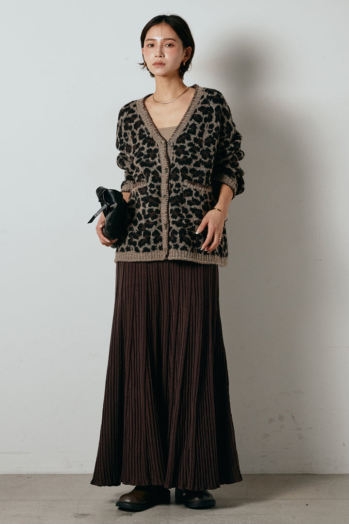 [SET]ステッチデザインレオパードニットカーディガン+リブニットフレアスカート(2set)