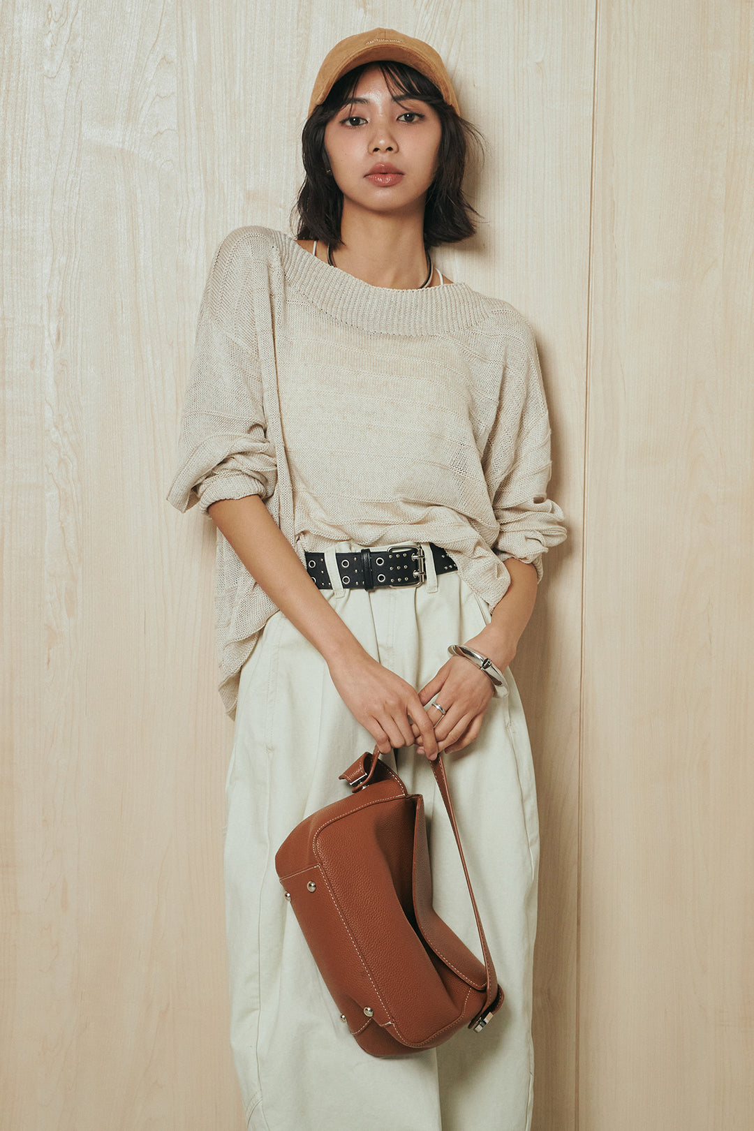 [SET]麻混リラックスニットトップス+ベルト付きカラーデニムパンツ(2set)