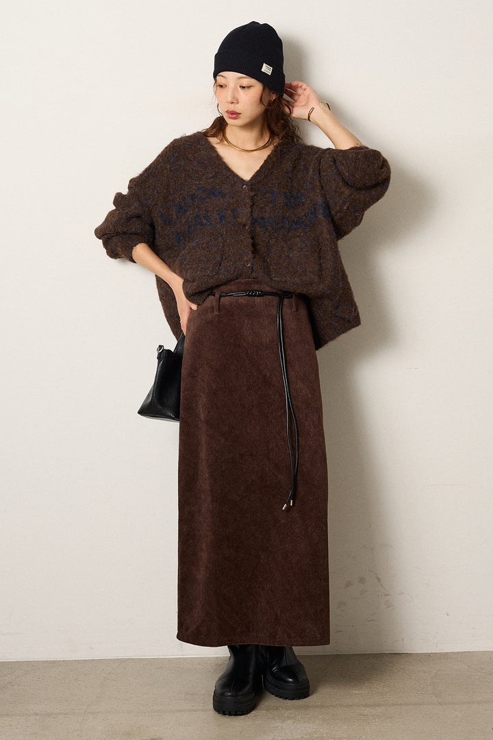 [SET]ウール混透かしロゴニットカーディガン+ロープベルト付きスウェード調スカート(2set)