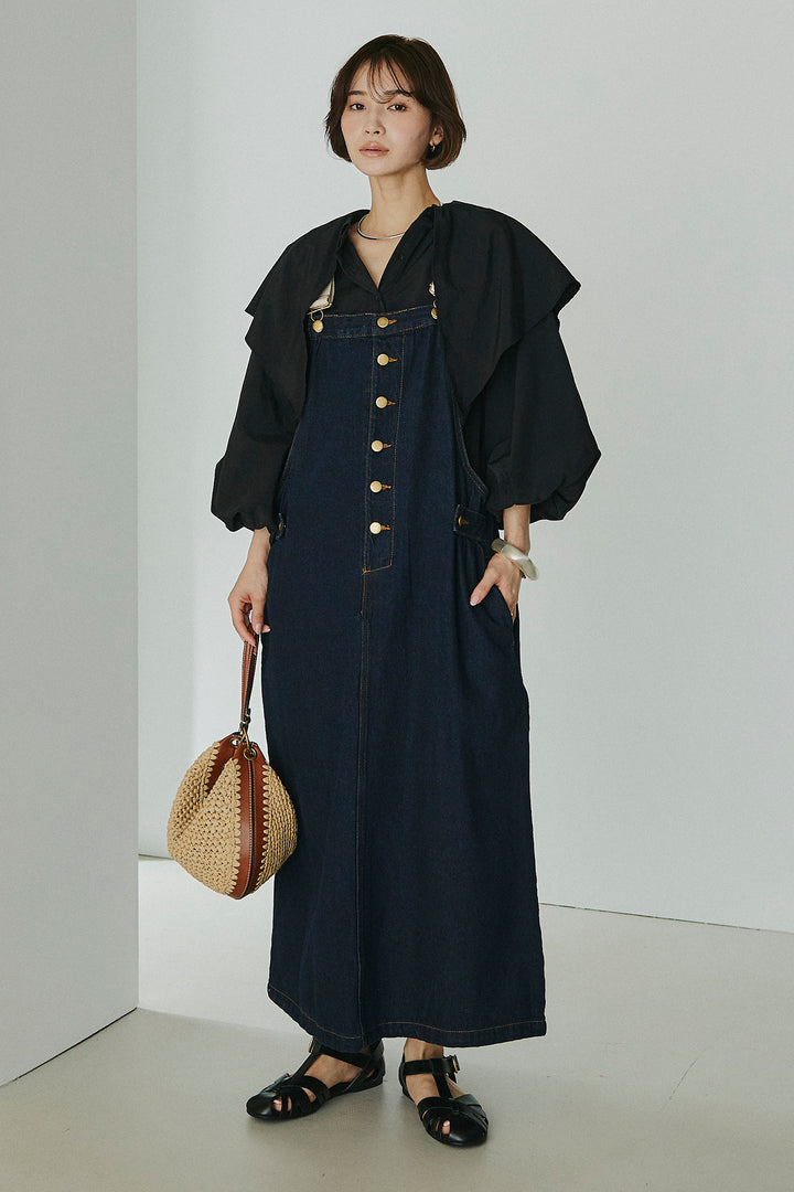 [SET]ケープカラーナイロンブラウス+配色ショルダーデニムサロペットスカート(2set)