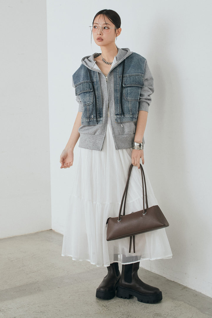 [SET]デニム切替ポンチダブルジップパーカー+ボリュームシルエットチュールスカート(2set)