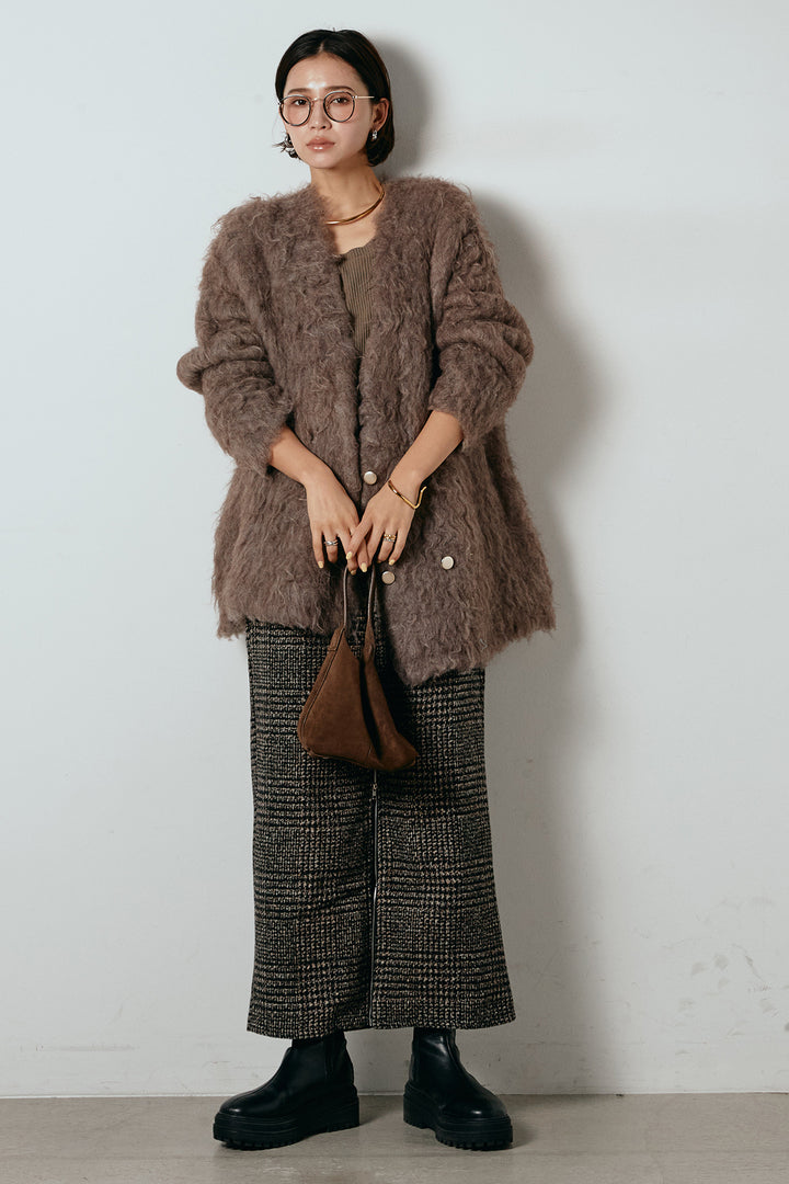 [SET]ウェーブシャギーニットジャケット+グレンチェック柄フロントジップタイトスカート(2set)