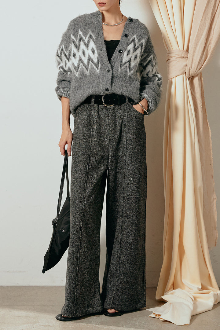 [SET]起毛ノルディック柄ニットカーディガン+太ベルト付きツイードワイドパンツ(2set)