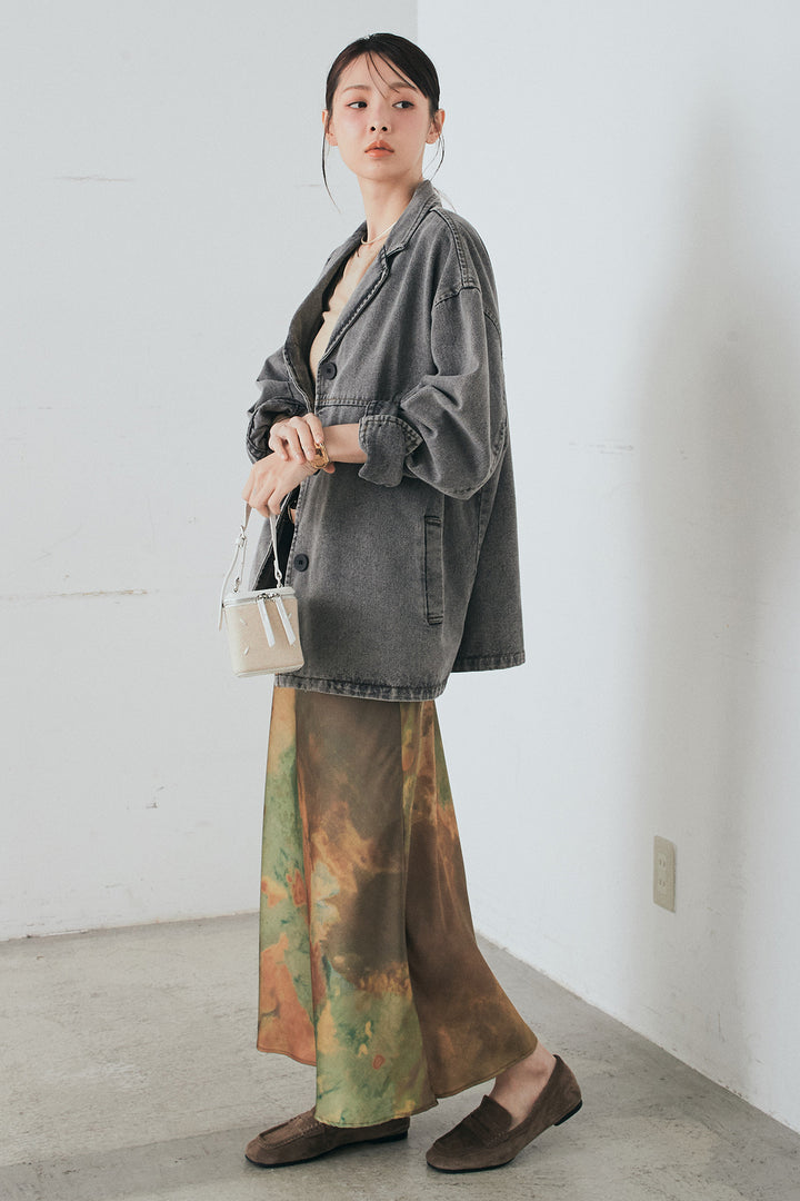 [SET]オーバーデニムジャケット+ニュアンス柄サテンスカート(2set)