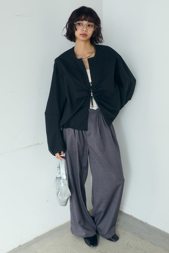 [SET]ノーカラーフロントギャザージップアウター+ツイルメニータックパンツ(2set)