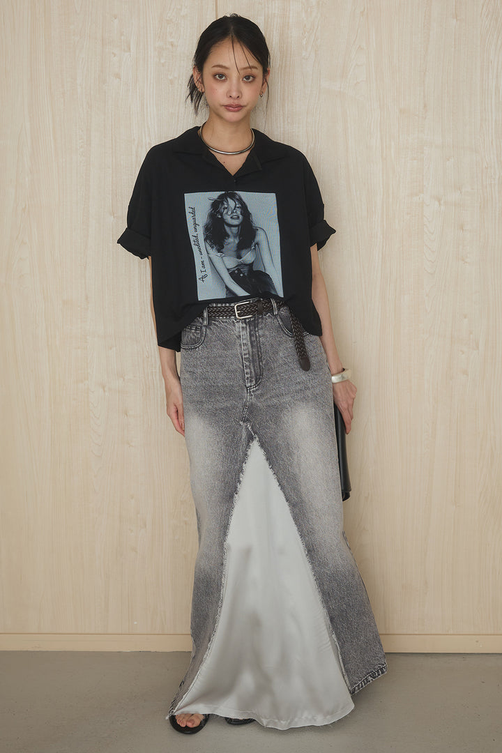 [SET]グラフィックポロTシャツ+サテン切り替えデニムスカート(2set)