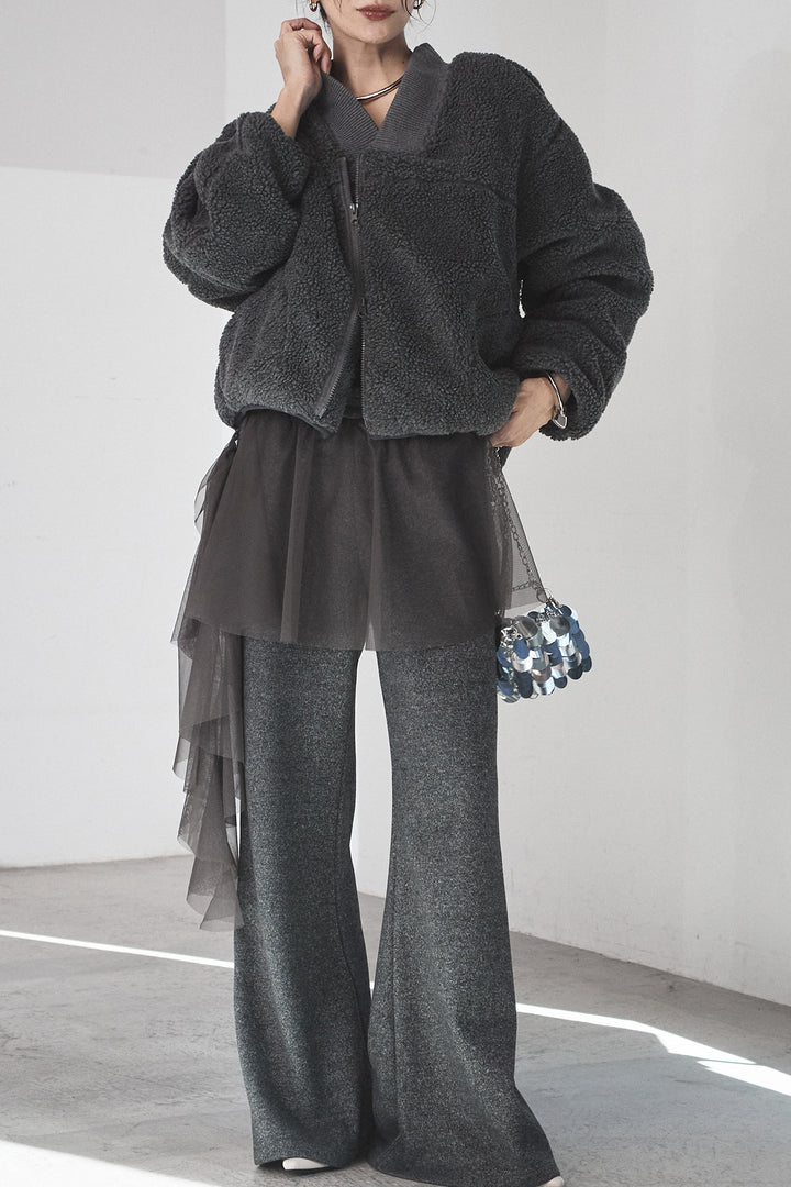 [SET]ノーカラーリブボアアウター+チュールレイヤードニットパンツ(2set)