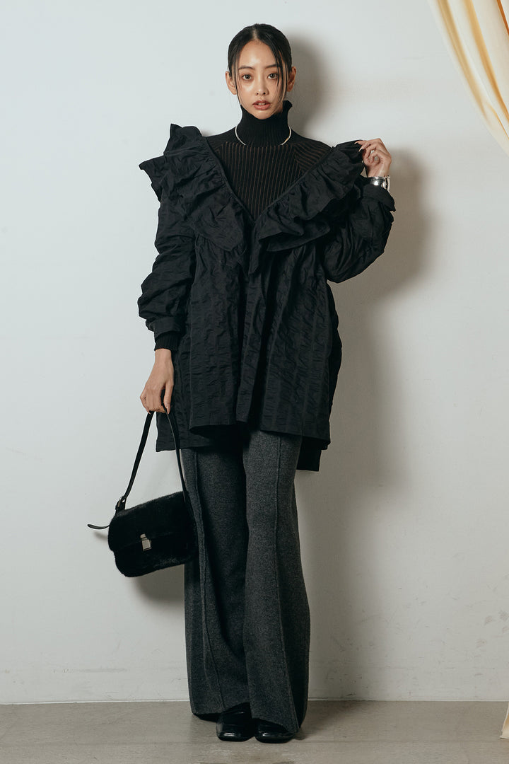 [SET]Vネックフリルカラーブラウス+リブニットシームレスタートルプルオーバー+センターラインニットパンツ(3set)