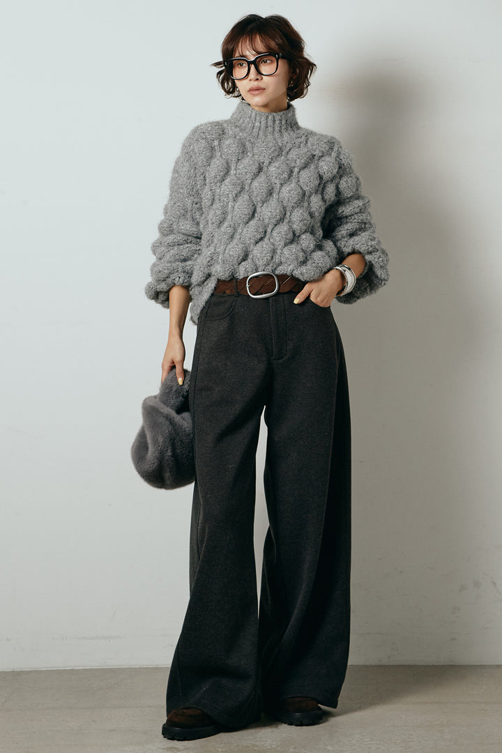 [SET]ボリュームポップコーンニットトップス+編みベルト付きワイドパンツ(2set)