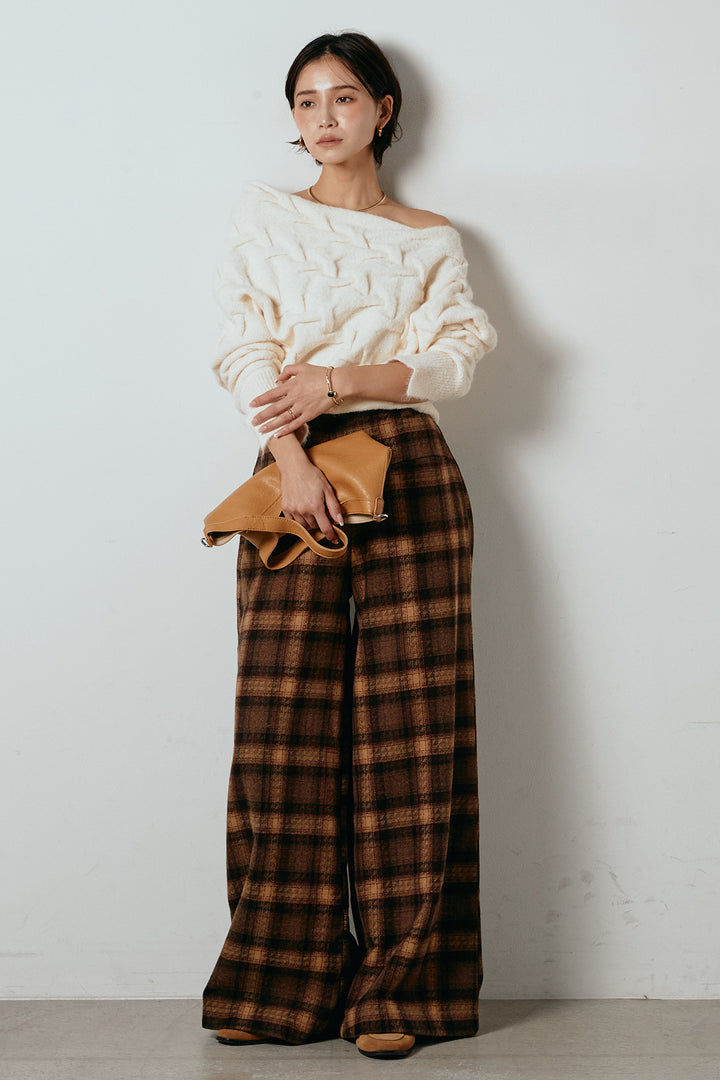 [SET]ボートネックニットトップス+ルーズタータンチェックワイドパンツ(2set)