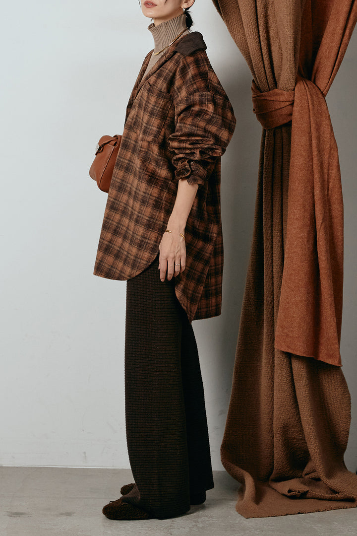 [SET]シャギーチェックシャツジャケット+ワイドリブニットイージーパンツ(2set)