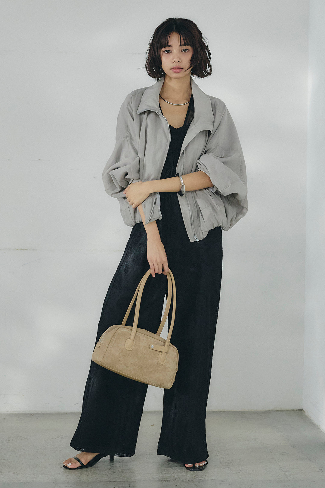 [SET]スタンドネックシアーブルゾン+レースサロペット(2set)