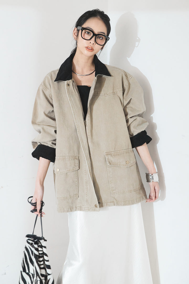 [SET]襟コーデュロイデザインデニム調カバーオール+裾レースデザインサテンスカート(2set)