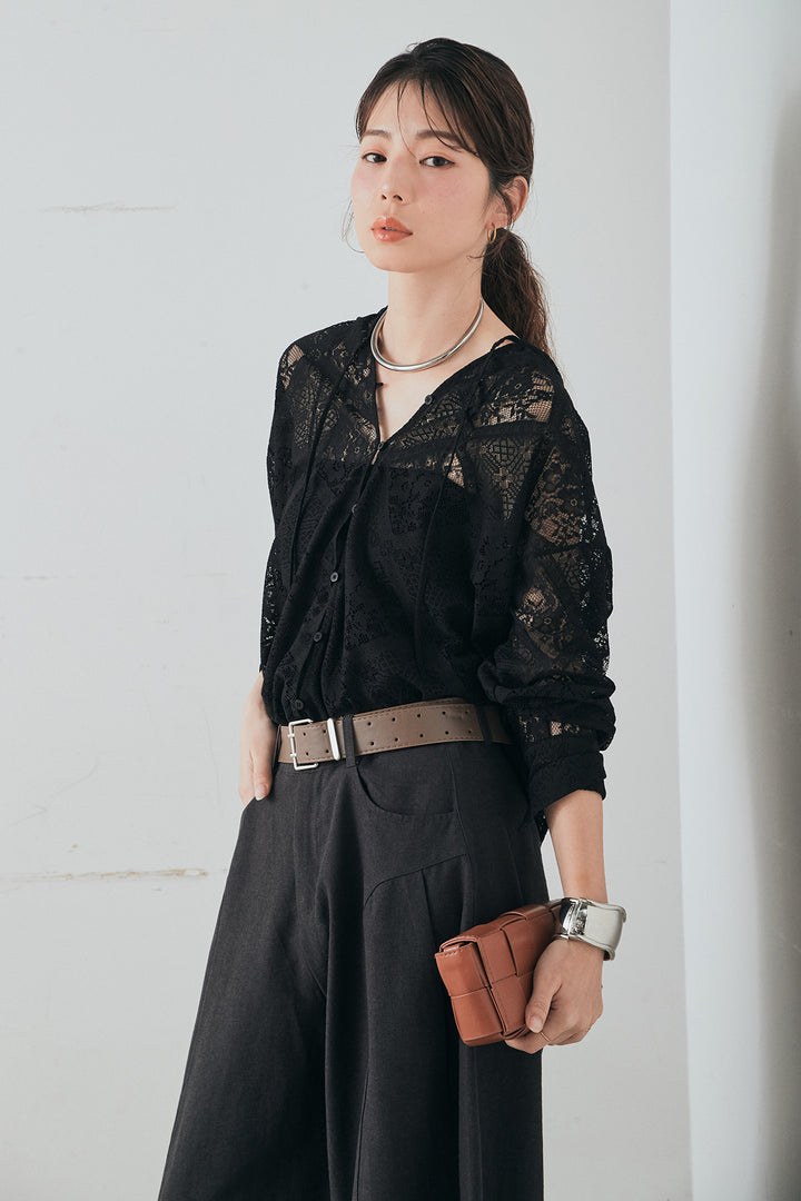 [SET]ブロックレースフード付きブラウス+ベルト付きサイドタックワイドパンツ(2set)
