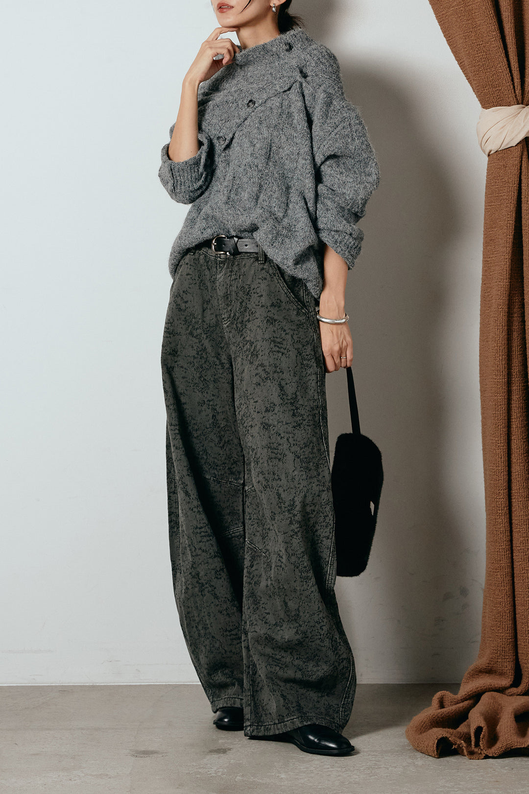 [SET]ケープデザインケーブルニットトップス+ベルト付きニュアンス柄カーブワイドパンツ(2set)