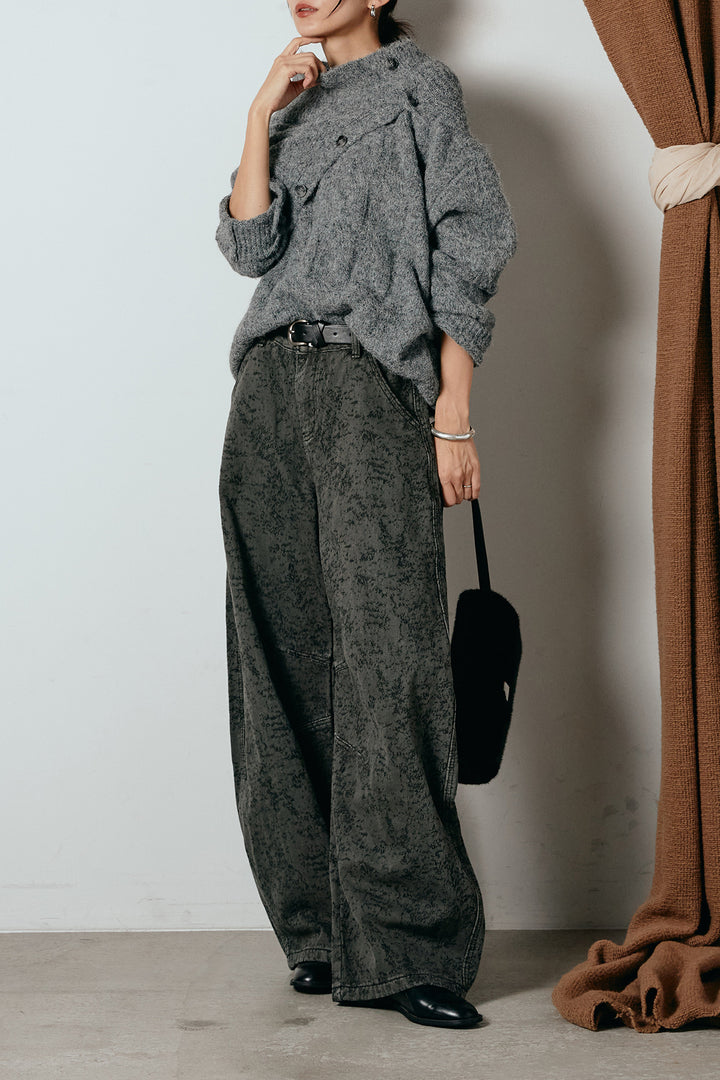 [SET]ケープデザインケーブルニットトップス+ベルト付きニュアンス柄カーブワイドパンツ(2set)