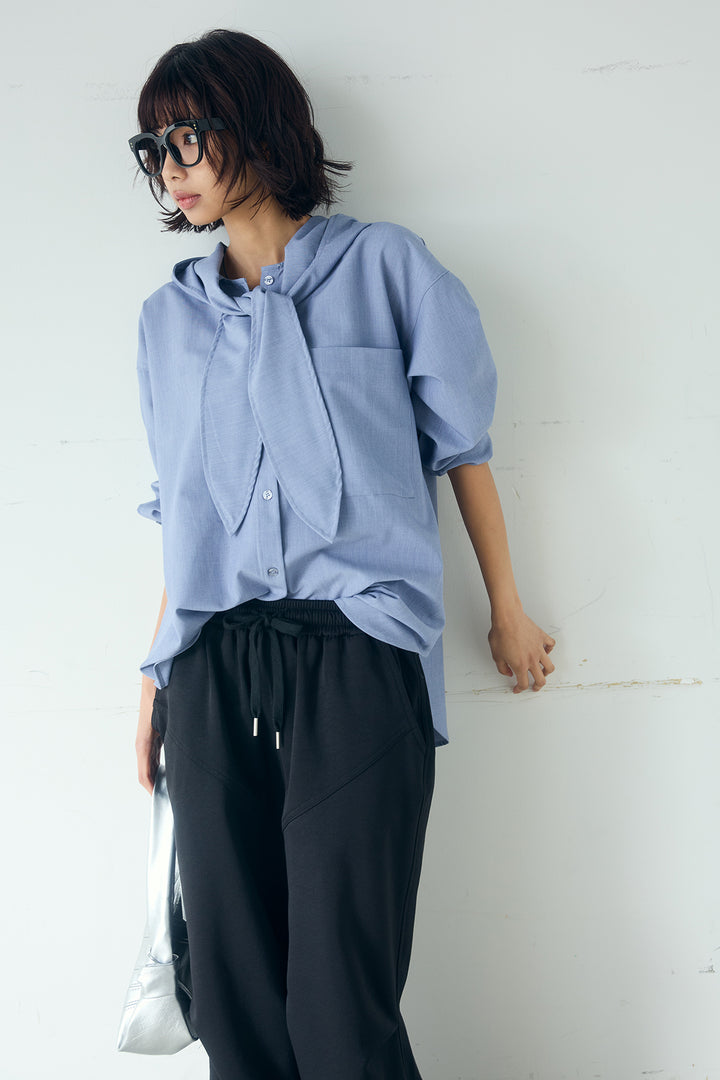 [SET]無地タイ付フーディーBIGシャツ+ランダムタックデザインワイドパンツ(2set)