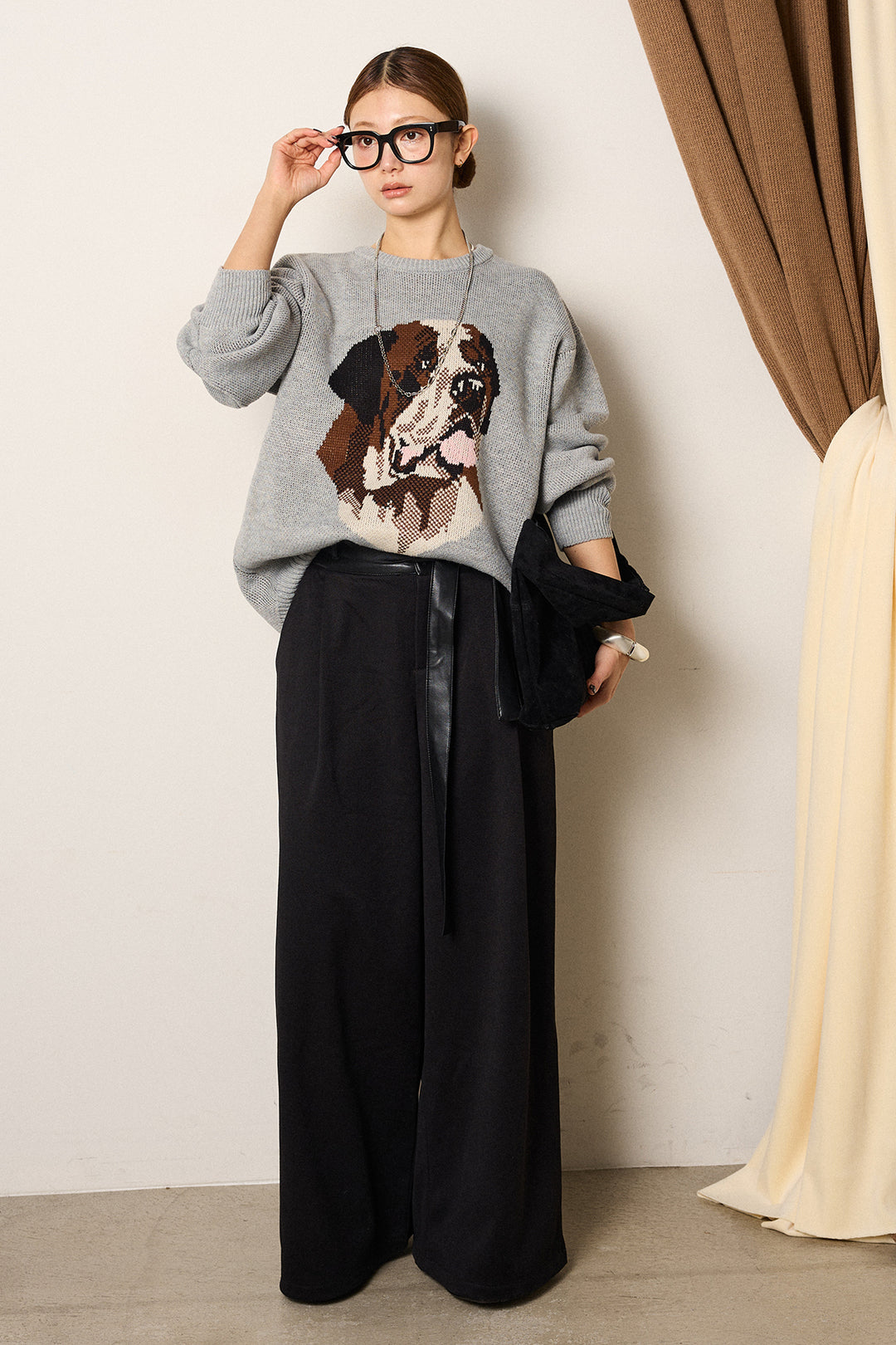 [SET]アニマルジャガード柄ニットトップス+巻ベルトウエストレザーライクワイドパンツ(2set)