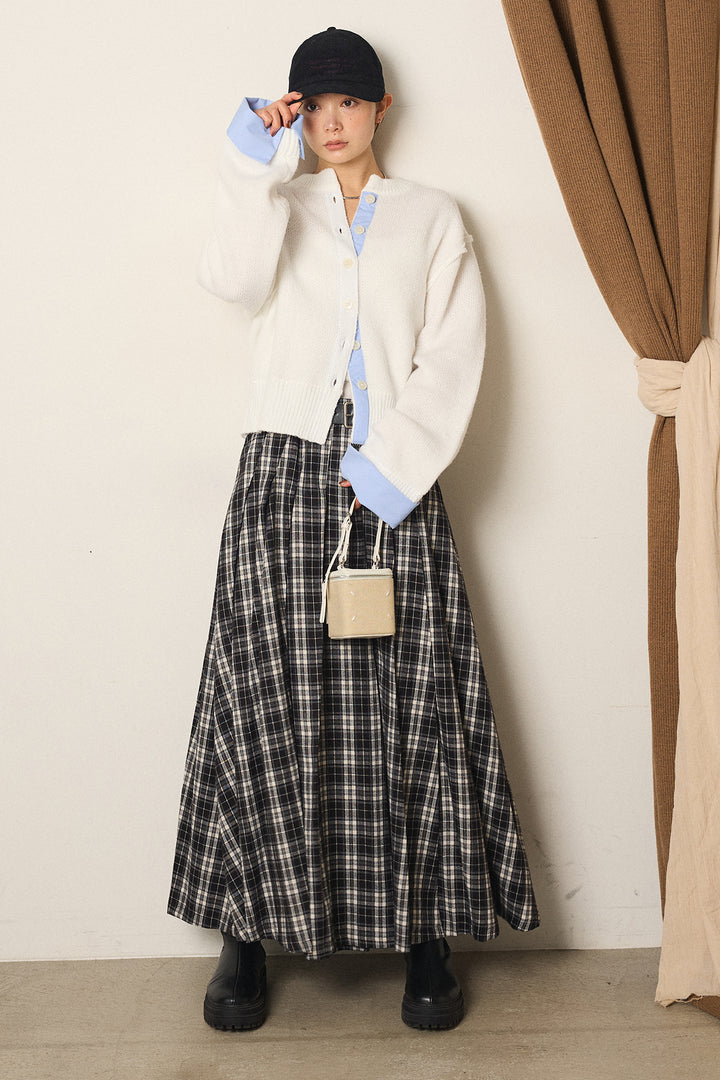 [SET]シャツドッキングニットカーディガン+ベルト付きタータンチェックプリーツスカート(2set)