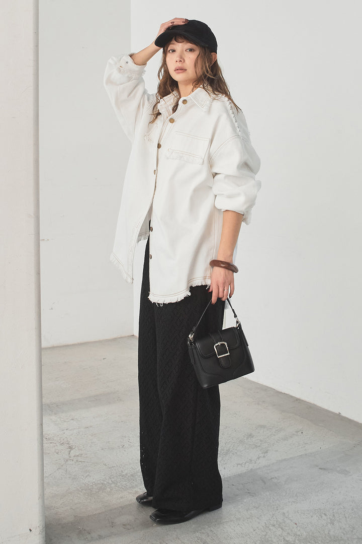 [SET]フリンジデニムジャケット+ダイヤ柄レースロングイージーパンツ(2set)