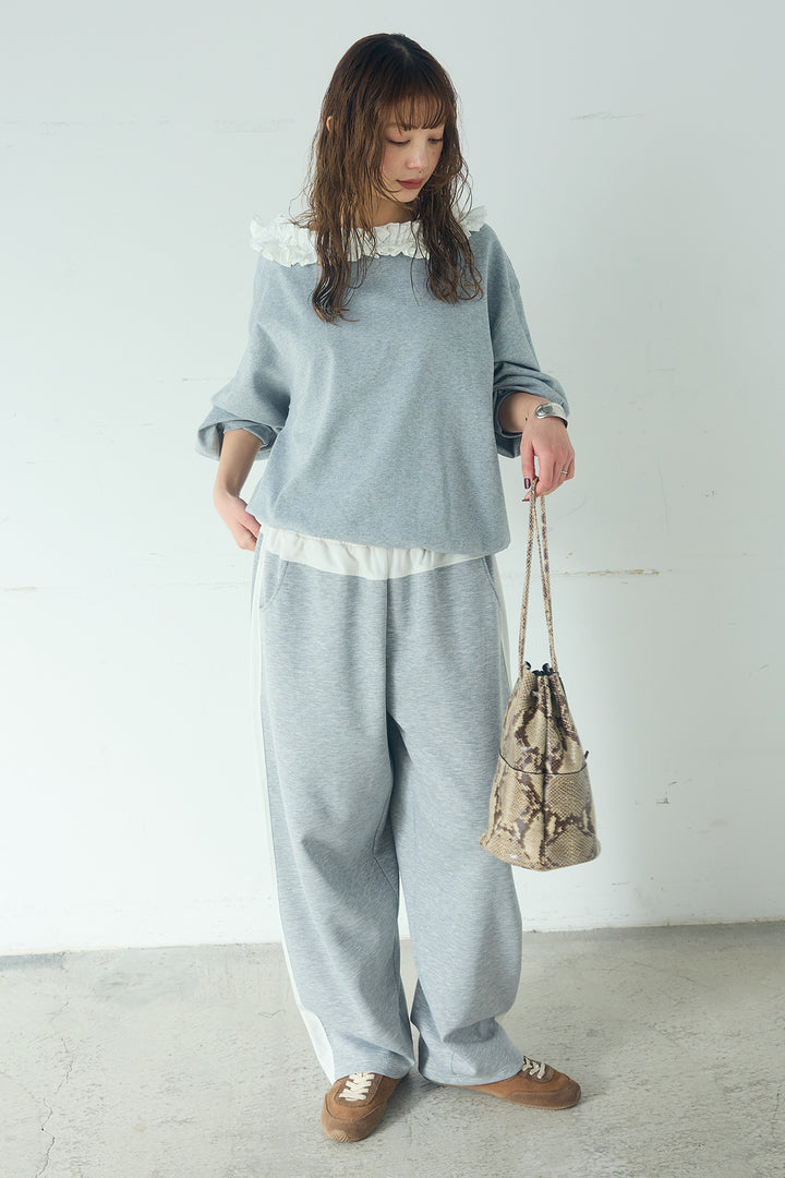 [SET]ネックギャザーフリルスウェット+異素材切り替えスウェットパンツ(2set)