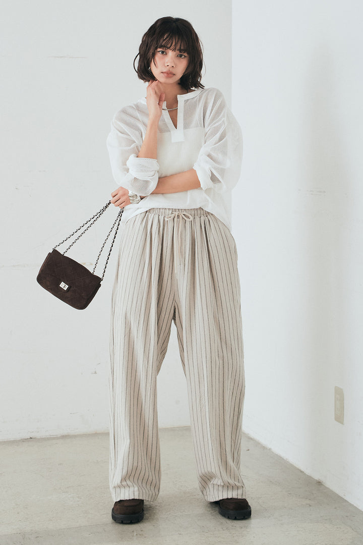 [SET]メッシュカットソースキッパープルオーバー+リネンライクストライプタックイージーパンツ(2set)