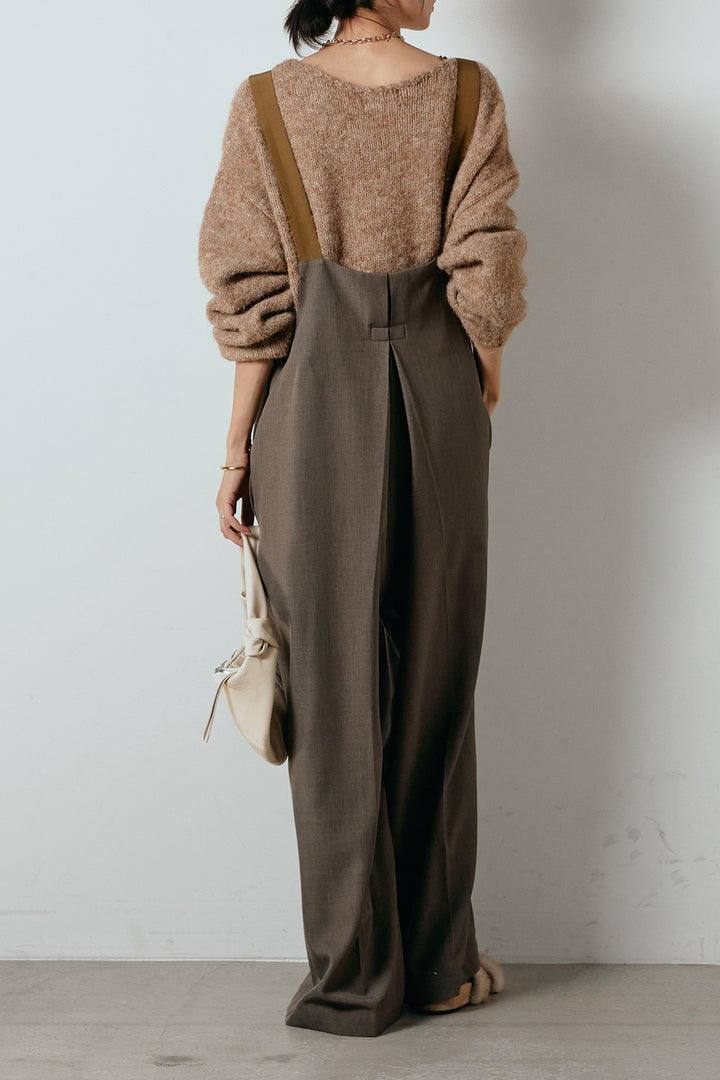 [SET]フロントロゴデザインニットトップス+ワイドツイルサロペット(2set)