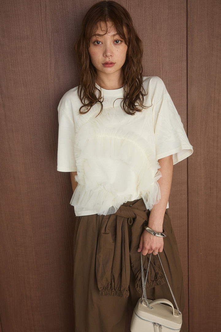 [SET]チュールモチーフデザインTシャツ+合繊維ツイルウエスト巻きジョガーパンツ(2set)
