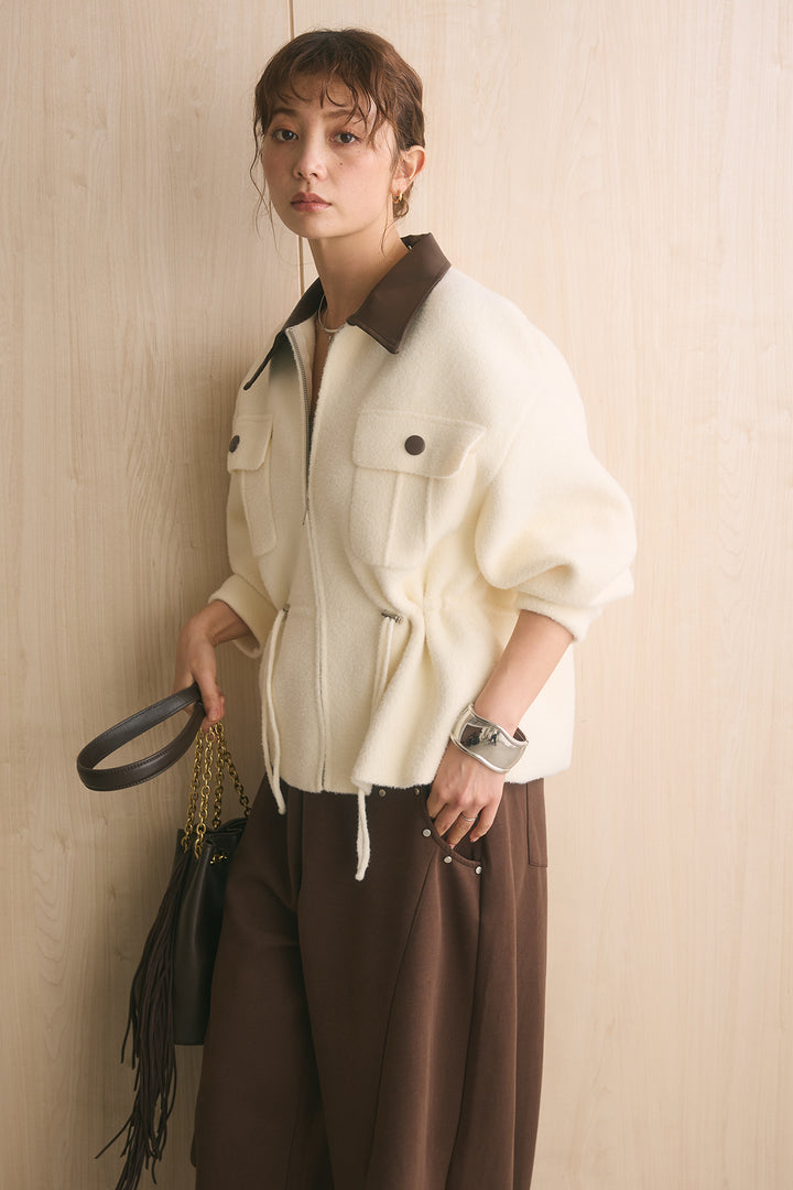 [SET]エコレザー切替えニットジャケット+スタッズ付きニーサイドタックスウェットパンツ(2set)