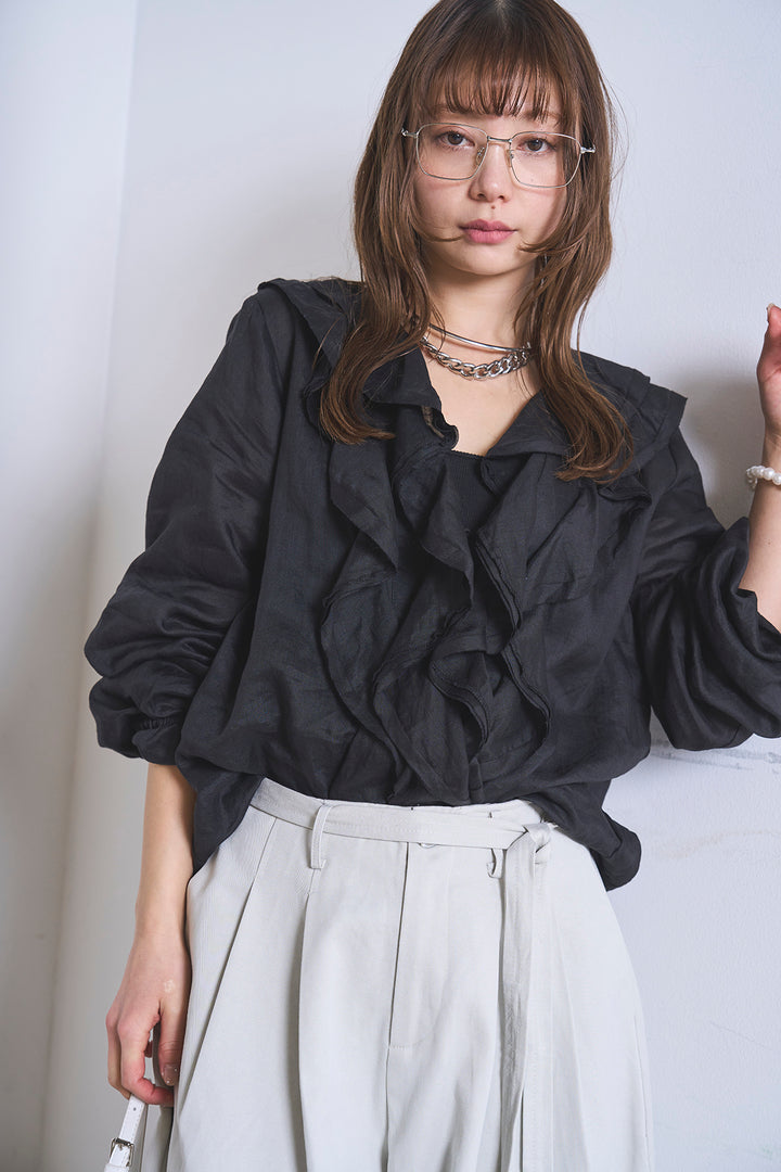 [SET]フリルボタンブラウス+紐ベルト付きカーブワイドパンツ(2set)