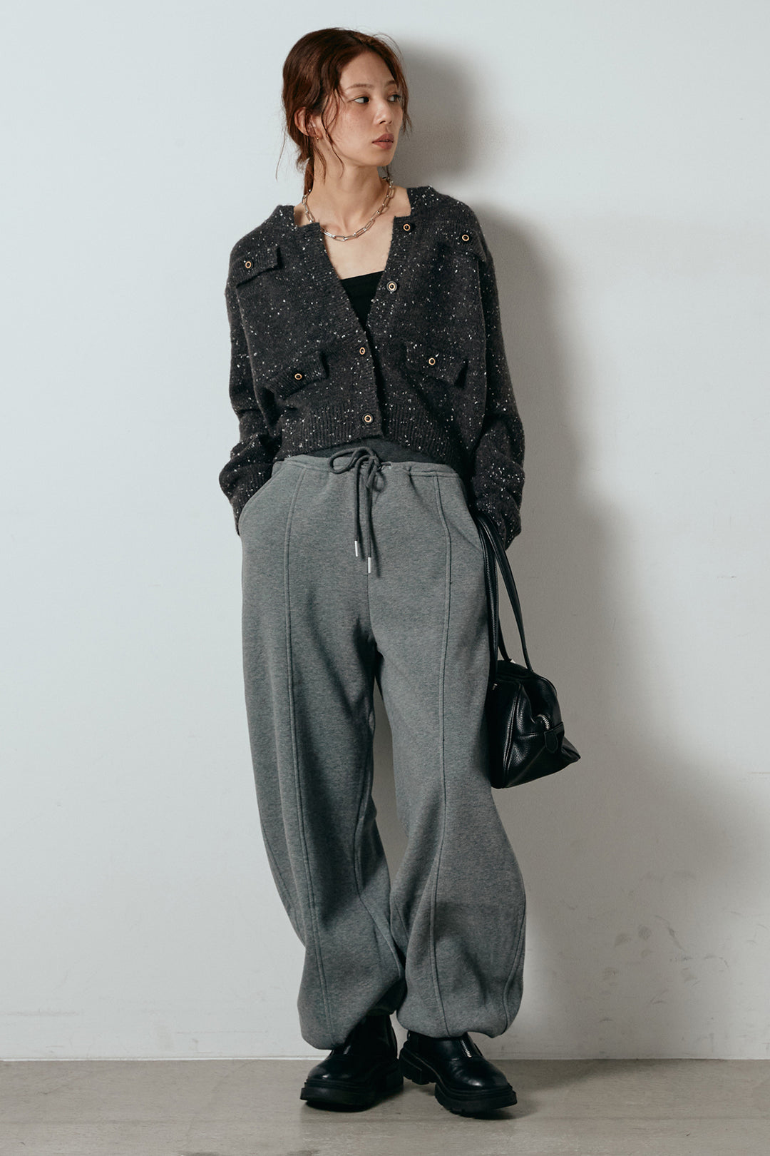 [SET]ネップニットカーディガン+スウェットワイドカーブパンツ(2set)