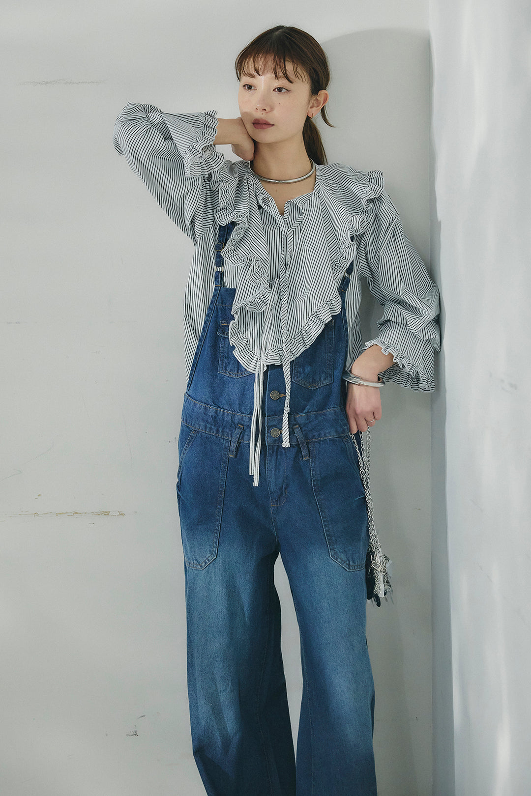 [SET]コットンフリルブラウス+デニムサロペットワイドパンツ(2set)