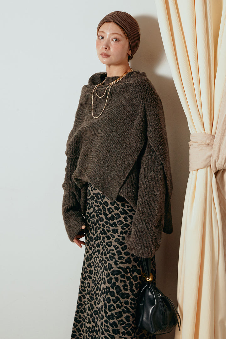 [SET]ケープデザインリブニットトップス+レオパードロングスカート(2set)