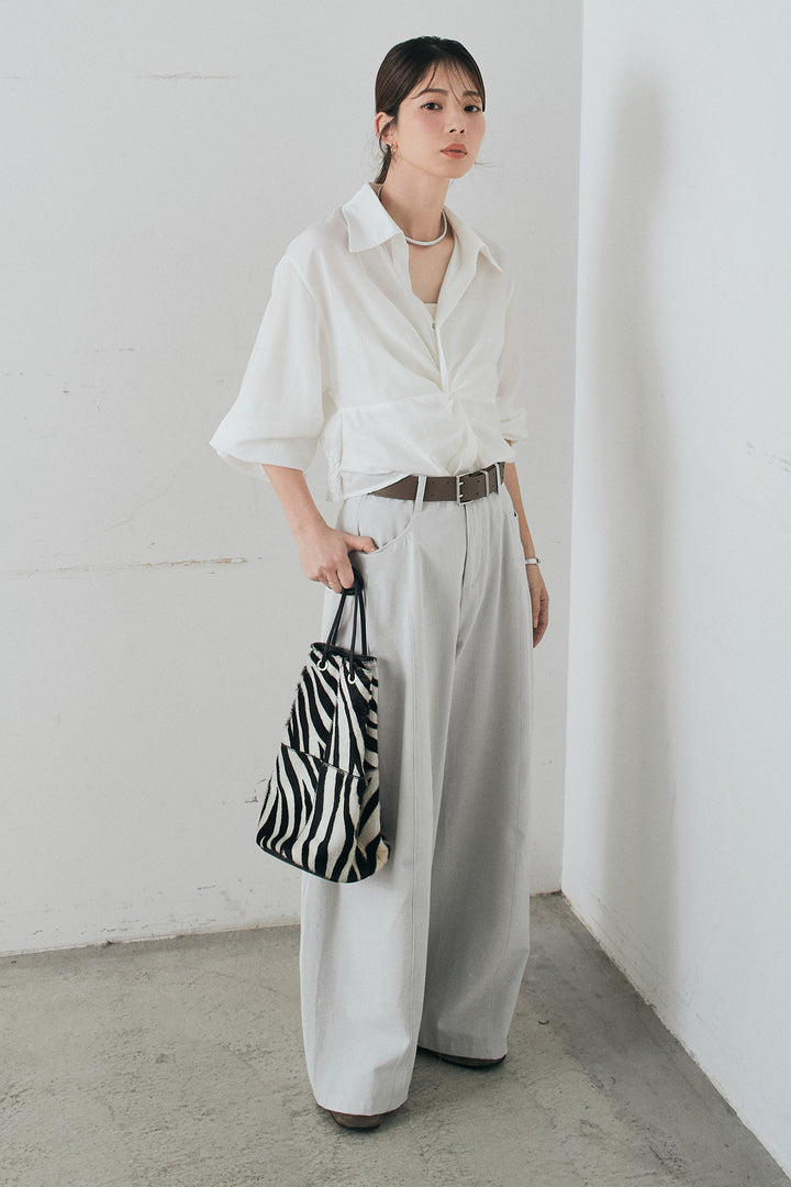 [SET]裾巻きツイストデザインシャツ+ベルト付きサイドタックワイドパンツ(2set)