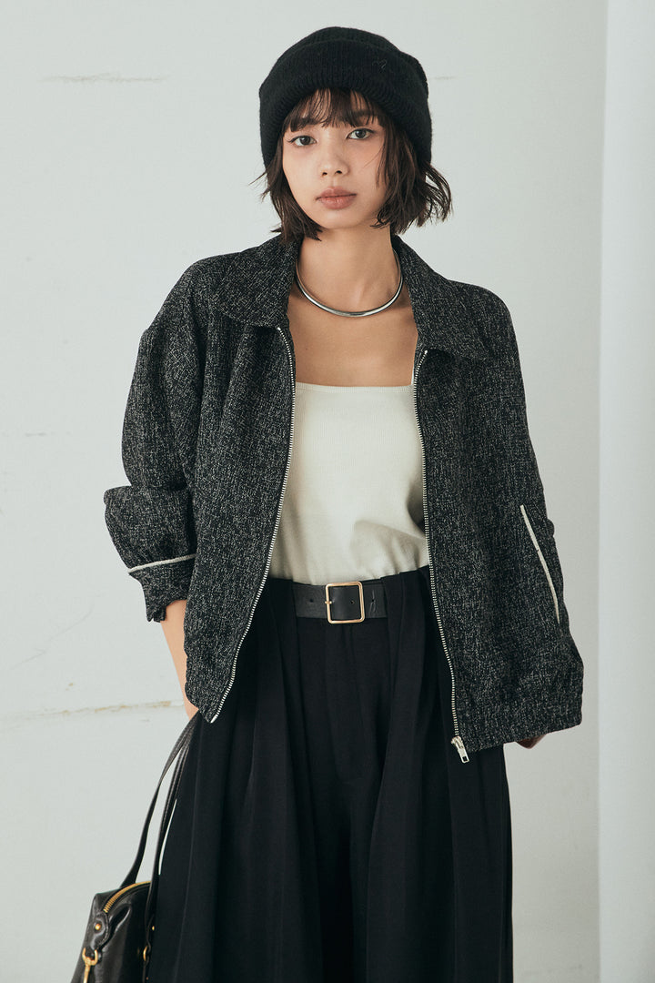 [SET]ツイード配色パイピングブルゾン+ベルト付きタックデザインハイウエストロングパンツ(2set)