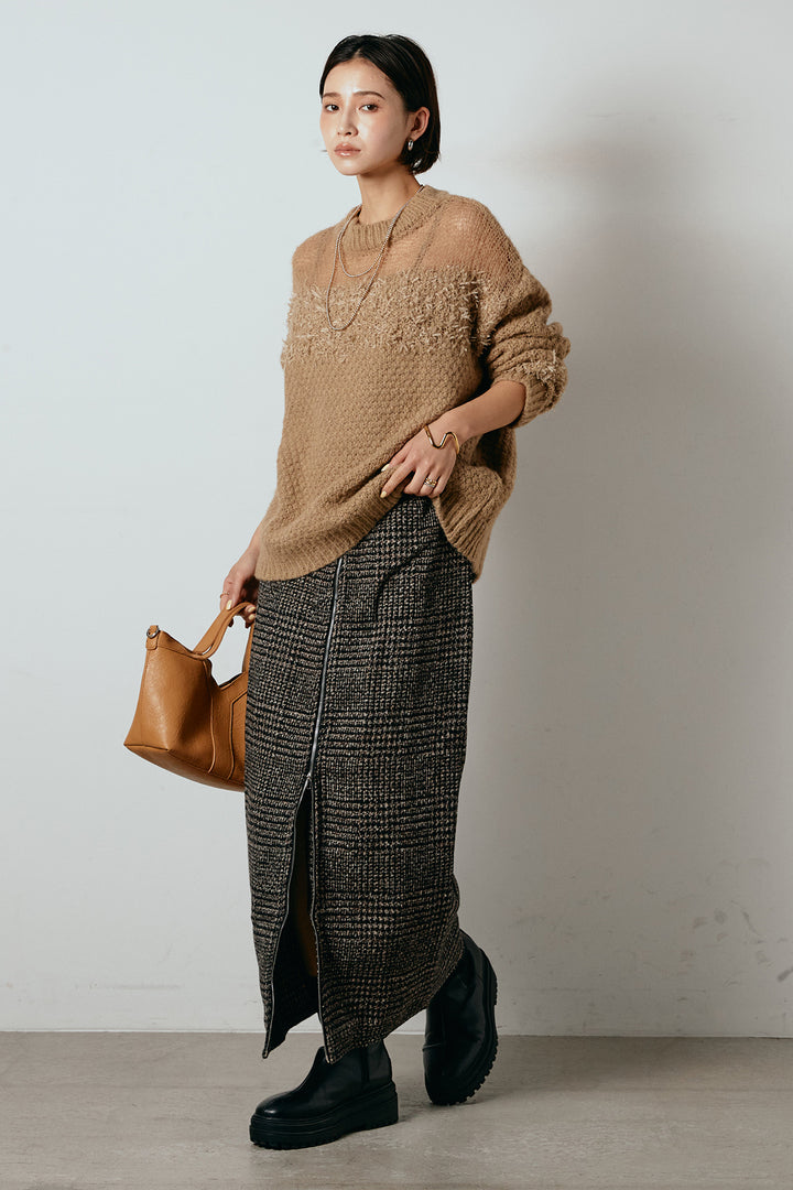 [SET]パターンランダム編みニットトップス+グレンチェック柄フロントジップタイトスカート(2set)